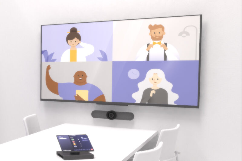 Graphic showing a Teams call taking place on a large display screen, with Team Rooms being managed on a tablet